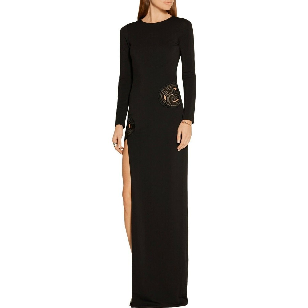 HANEY Black Lace Applique Thigh High Slit Long Sleeve GIA Maxi Gown 8 US
